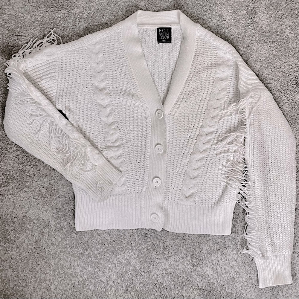 White chenille fringe cardigan small